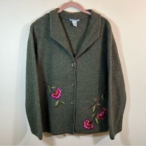 Vintage The Eagle’s Eye Women’s Green Wool Floral Embroidered Cardigan XL Boho